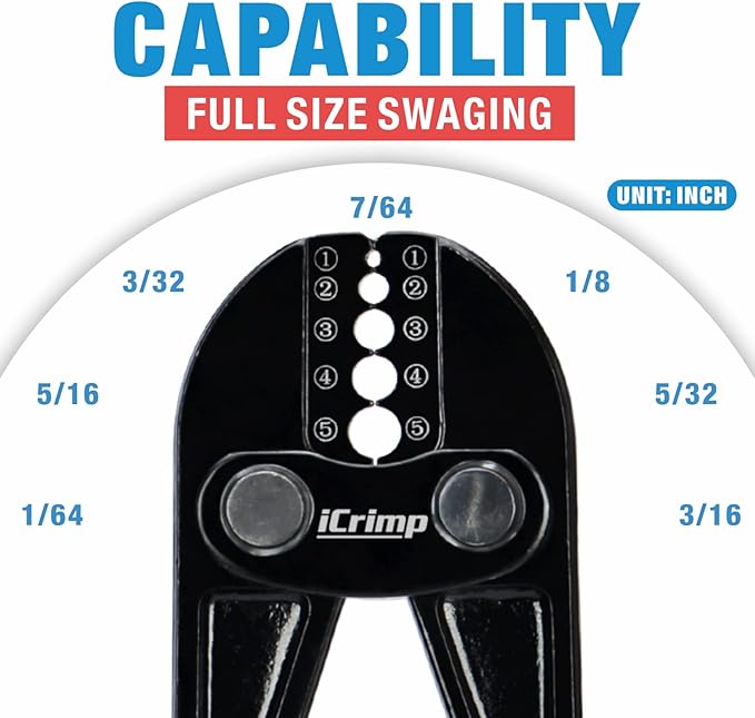 iCrimp IWS-1608B Wire Rope Crimping Tool for Aluminum Loop Sleeves, Duplex Oval Cable Ferrules 1/16’’ to 3/16’’, c/w Wire Rope Cable Cutter