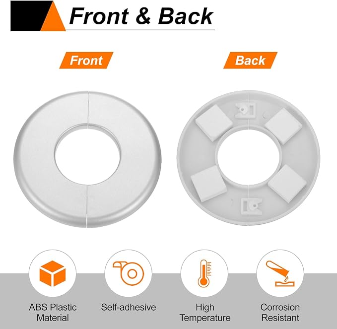 HARFINGTON 4pcs Wall Split Flange 17mm/0.7" Self-Adhesive Plumbing Cover Plates ABS Plastic Round Escutcheon Plate Buckle Design for Water Pipe Bathroom Kitchen Decoration, Silver Tone