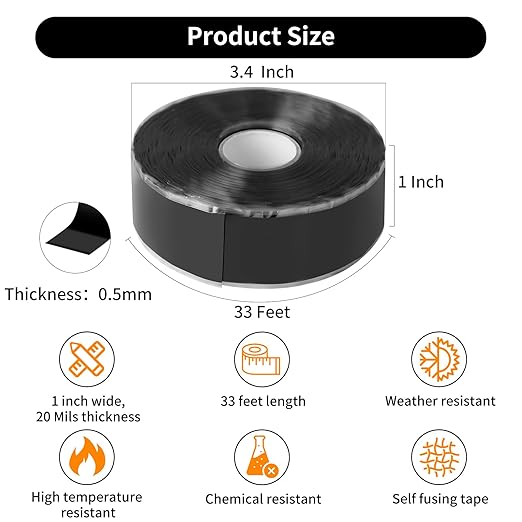 Self Fusing Silicone Tape Waterproof, Rescue Tape, 1" x 36 Feet Black, Self Amalgamating Tape, Silicone Rubber for Sealing Pipes, Hose Repair, Outdoor Coax and Electrical Cables