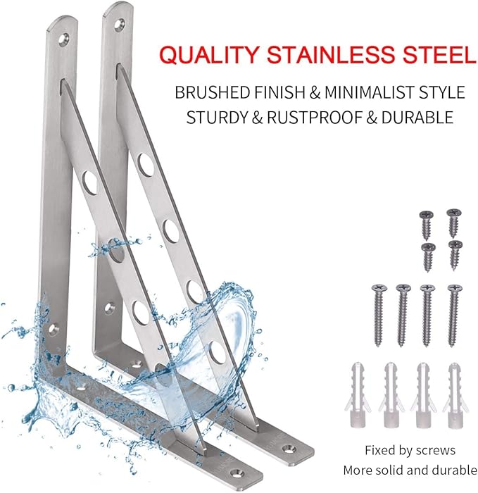 YUMORE Shelf Bracket 12", Stainless Steel Heavy Duty L Shaped Brackets Wall Mounted Floating Table Support with Hanging Holes Corner Brace 4mm Right Angle Joint Brackets, 2pcs, Max Load 400lbs