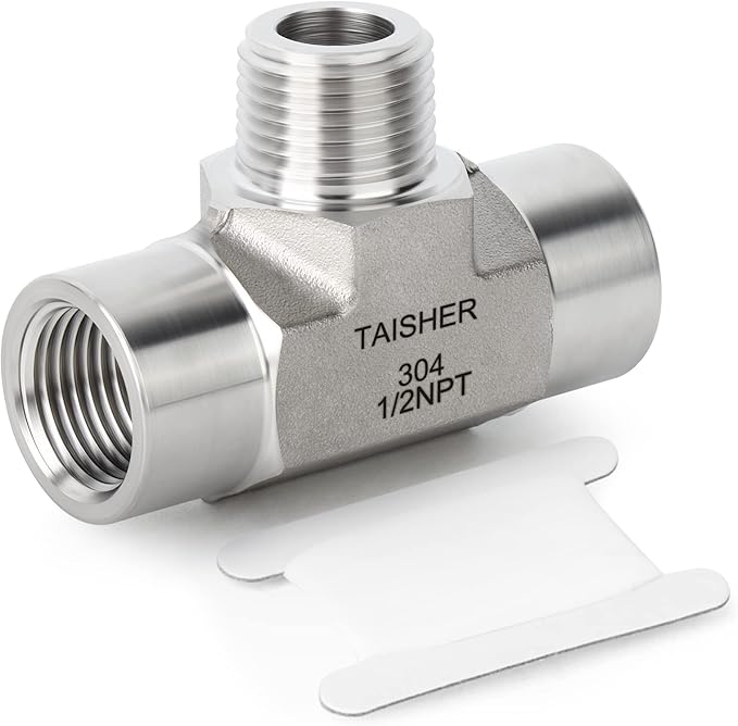 TAISHER 1PCS Forging of 304 Stainless Steel Tee Pipe Fittings, 1/2" NPT Female x 1/2" NPT Male x 1/2" NPT Female Pipe Fittings, Male Branch Tee