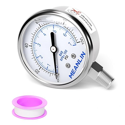 MEANLIN MEASURE 0~100Psi Liquid Filled Pressure Gauge Stainless Steel with 316 Stainless Steel Joint 1/4" NPT 2.5" FACE DIAL for Well Pump Tire Water Pressure Tester Lower Mount