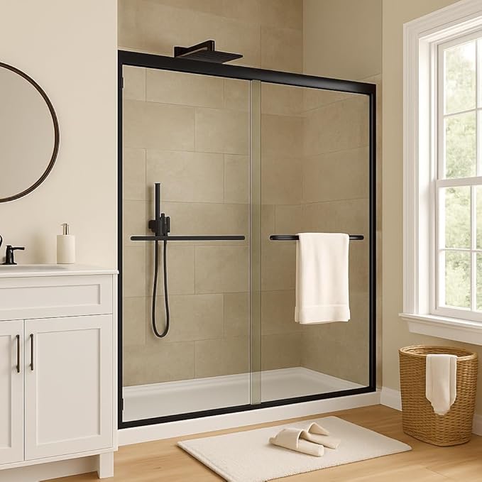 60" W x 72" H Single Sliding Shower Door - Bypass Space Saving Design with 1/4” Clear Tempered Glass & Aluminum Alloy Frame, Easy Installation & Reversible Hinges, Matte Black Finish