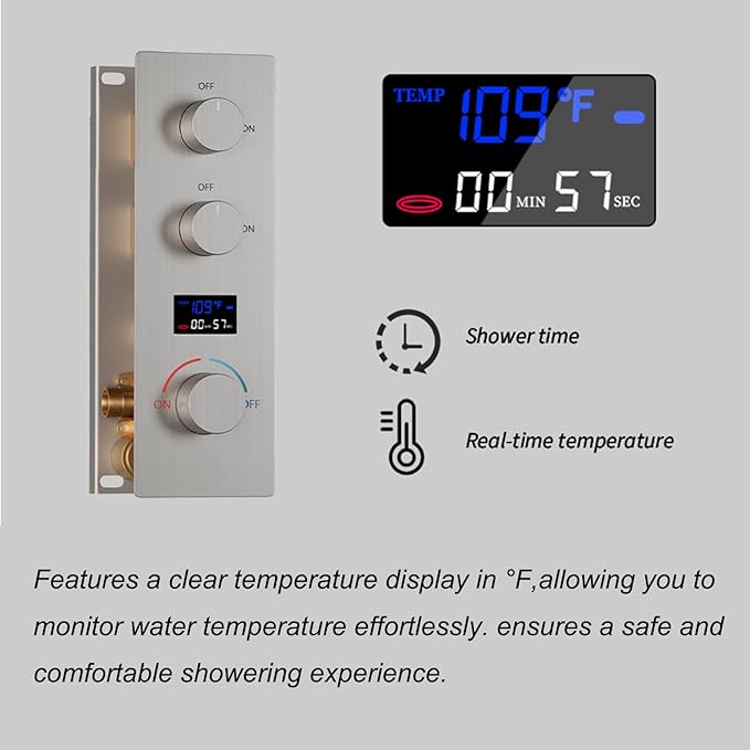 Concealed Mount Brass Shower Valve, Digital Temperature Display, Flow Control Mixing Valve, 2 Function, Brushed Nickel