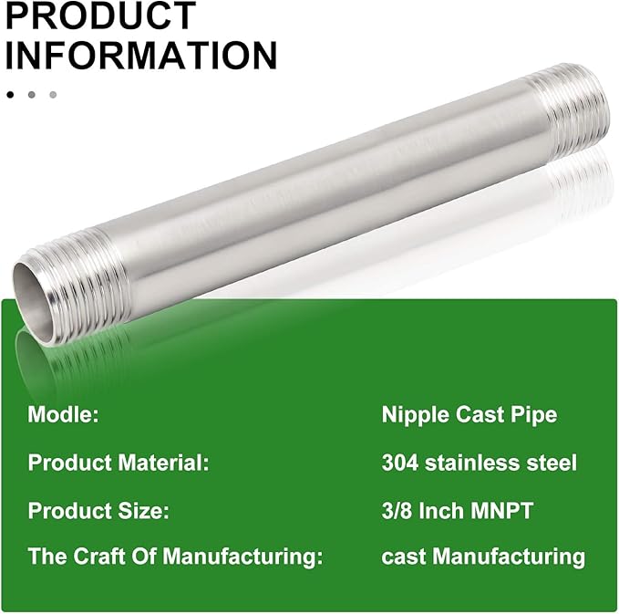 TAISHER 2PCS Stainless Steel Pipe Fittings, 3/8" NPT x 3/8" NPT Male Threaded, 8" Length Nipple Cast Pipe