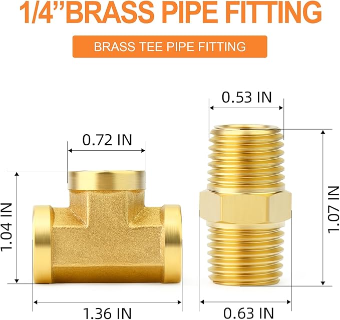 GASHER 2PCS Brass Tee Pipe Fittings, 1/4" NPT Female x 1/4" NPT Female x 1/4" NPT Male Pipe Fittings, Male Run Tee