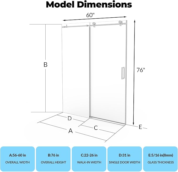Frameless Sliding Shower Door - 56 to 60 Inch Adjustable Width x 76 Inch Height, 8mm Tempered Glass with Soft Close & Easy-Clean Coating, Stainless Steel Round Rail & 55 Rollers, Brushed Nickel Finish