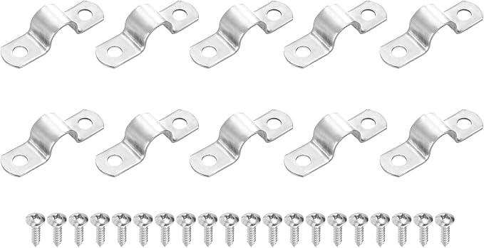 uxcell 10Pcs 12mm(1/2") Two Hole Rigid Pipe Strap, 304 Stainless Steel Conduit Clamp Thicken U Bracket Heavy Duty Pipe Clamp with Self-Tapping Screws for Fixing Tube Cable, Silver