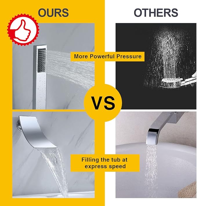 Wall Mount Bathtub Faucet with Handheld Shower, Chrome Single Handle Bathroom Waterfall Tub Filler Solid Brass Tub Shower Faucet Set Rough-in Valve Trim Kit