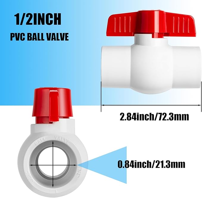 10PCS 1/2" PVC Ball Valve, Shut-Off Ball Valves Socket with Easy Turn Red T-Handles, Slip PVC Valve for Water Project, Swimming Pool, Sewage Pump, Sprinkler Line, Outdoor Plumbing & Irrigation System