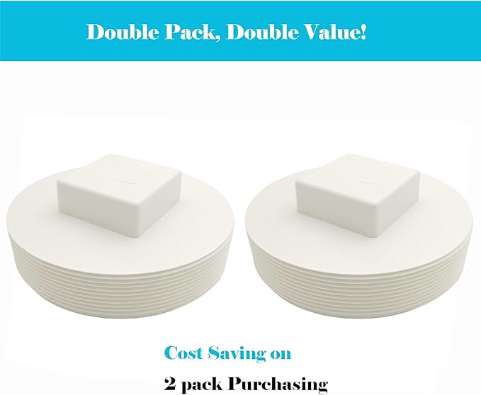 (2-Pack) PVC Cleanout Plug, 6" Inch NPT Male Threaded Flush Sewer Cleanout Cap Cover Adapter PVC DWV Pipe Fitting Attached to Sewer and Drain Pipe for Plumbing Drainage Piping Systems