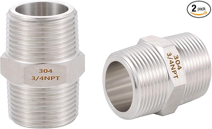 2PCS Hex Nipple 3/4" x 3/4" Male Pipe Fittings, 304 Stainless Steel 3/4 inch NPT Threaded Pipe Adapter Fittings, Male Straight Connector Pipe Fitting