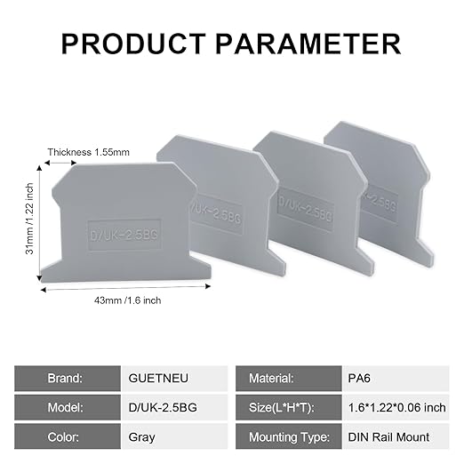 20Pcs D/UK-2.5BG End Cover for DIN Rail Mounted Terminal Block, PA6 Rail Mounted Terminal Block End Cover