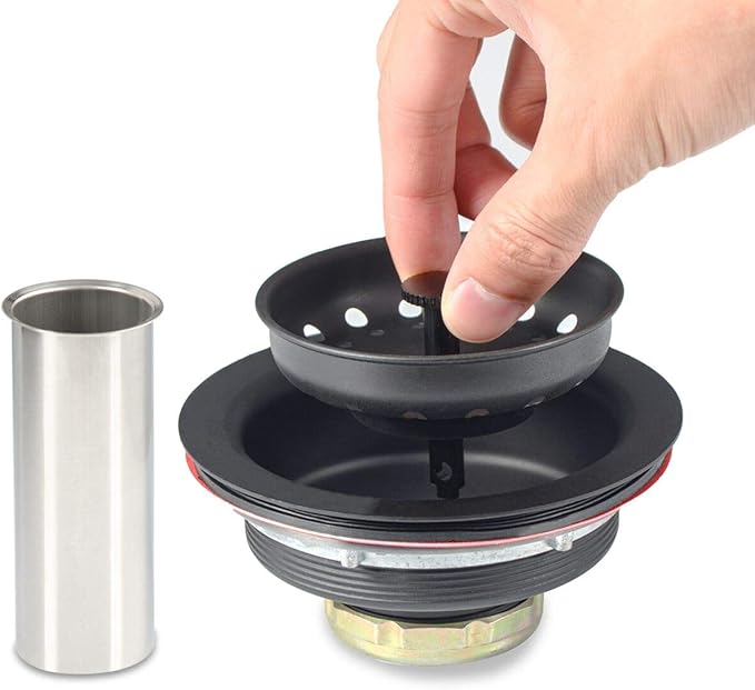 Uni-Green Matte Black Kitchen Sink Drain Kit for Standard 3-1/2 Inch Drain - Fit 1-1/2 inch Pipe - Stainless Steel Basket with Knob - Rubber Stopper Bottom - 3.5" Kitchen Sink Drain Replacement Kit