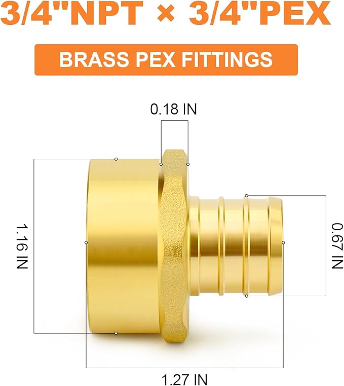 GASHER 2Pcs No Lead Brass 3/4" Pex Female Adapter, 3/4" Female NPT to 3/4" PEX Adapter for Pex Tubing