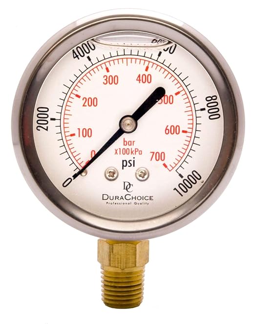 2" Oil Filled Pressure Gauge - Stainless Steel Case, Brass, 1/4" NPT, Lower Mount Connection, 0-10,000PSI
