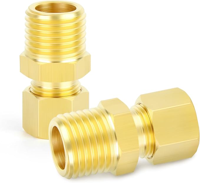 GASHER 10PCS Brass Compression Tube Pipe Fitting Connector, Straight Coupling Adapter 1/4" Tube OD x 3/8" NPT Male Connector