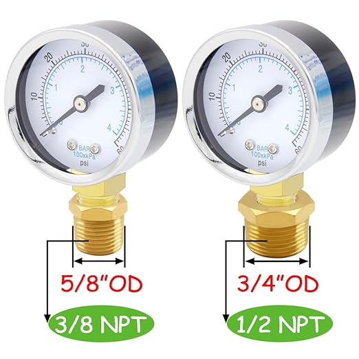 Pressure Gauge 0-60PSI 1/4" NPT Male Brass Bottom Mount 2" Dial Stainless Steel Case Include 1/2" NPT and 3/8" NPT Connector Universal Multifunctional