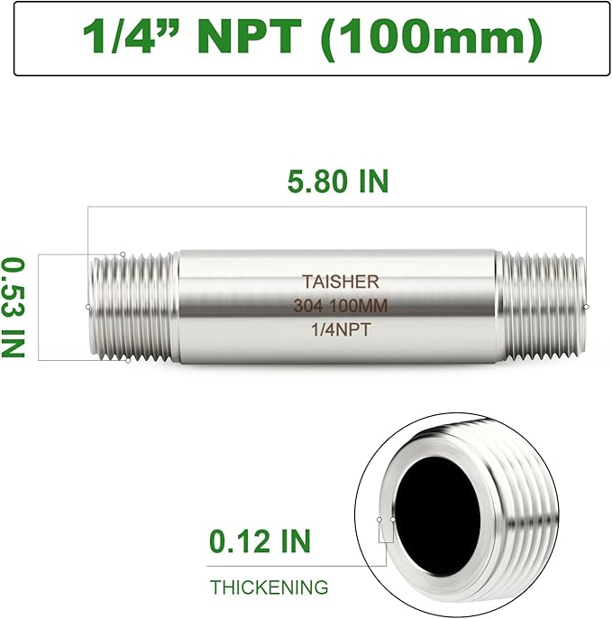 TAISHER 2PCS Stainless Steel Pipe Fittings, 1/4" NPT Male x 1/4" NPT Male Threaded, 4" Length Thickened Nipple Cast Pipe
