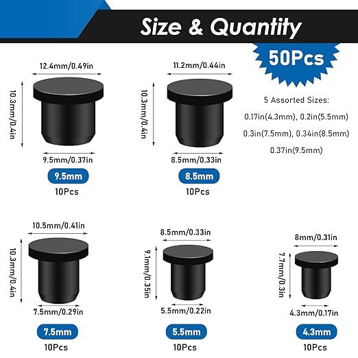 50Pcs Silicone Rubber Hole Plug for Round Holes, 5 Sizes High Temp T-Type Waterproof Rubber Plugs for 4-9.5mm ID Hole for Bottles Flower Pot Metal Tube