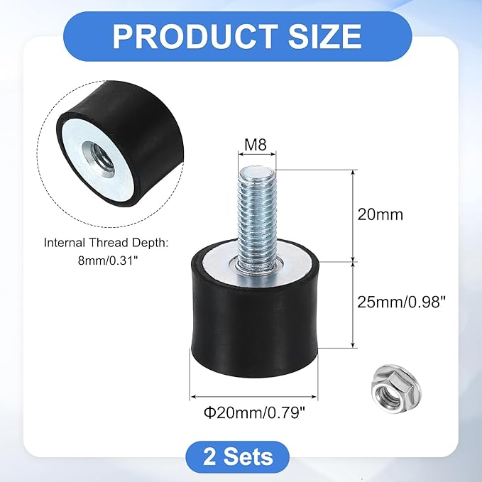 uxcell M8 Rubber Mounts, 2Pcs 25x20mm(DxH) Rubber Cylindrical Anti Vibration Isolator Shock Absorber with Lock Nut for Car Bobbin Generator Air Compressors