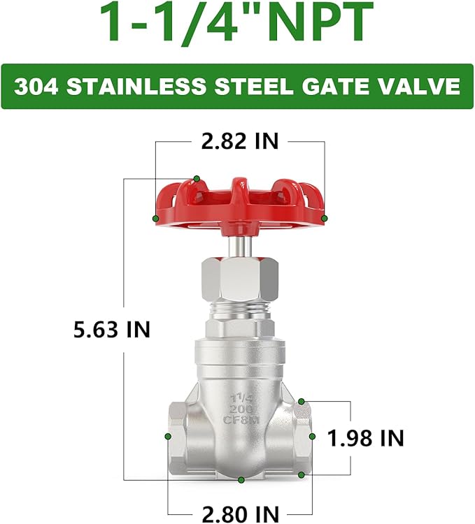 TAISHER 1PCS 304 Stainless Steel Gate Valve, 1-1/4" NPT Female Rotary Sluice Valve With Wheel Handle, For Water, Oil, Gas