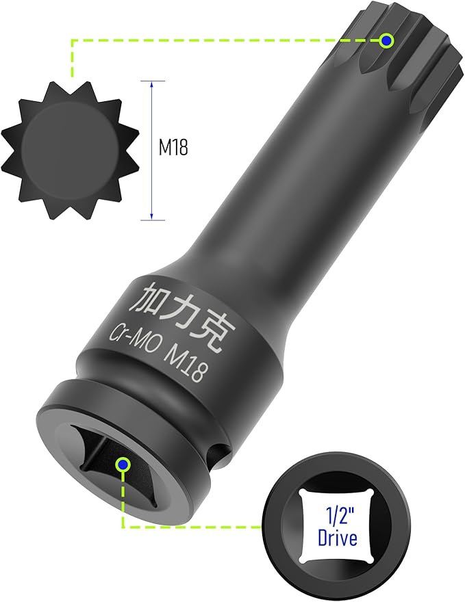 1/2-Inch Drive x M18(18mm） Impact XZN Triple Square Spline Bit Socket, Metric Lengthen Screwdriver Socket Adapter, 3-Inch Length, CR-MO Steel, One-Piece Construction, Black
