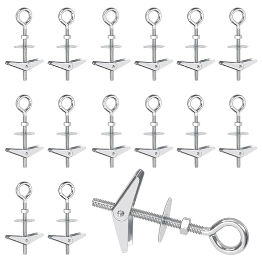Swpeet 15 Set M6×70mm Eye Bolt Toggle Bolts and Wing Nut Kit with Hex Nuts, Washers Assortment Kit, Heavy Duty Butterfly Toggle Anchors Swag Hooks for Hanging Heavy Items on Drywall