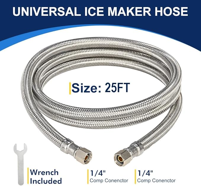 25ft Ice Maker Water Line Stainless Steel Braided – Flexible Refrigerator Water Supply Tube with 1/4" Quick Connect Fitting, Universal Fit