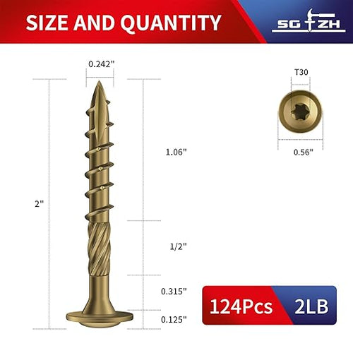 #14 x 2 Inch Lag Screws (124Pcs) 2lb. Structural Wood Screw, Bronze, Carbon Steel, Washer Head, Rust Resistant epoxy Coated, T30 Star Bit