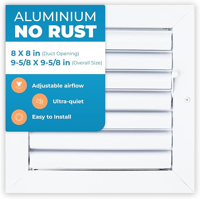 Aluminum 8 x 8 in (Duct Opening) 1-Way Air Duct Register Vent Cover for Ceiling and Wall - Modern HVAC Louver Vent Cover Adjustable – Durable Rustproof Wall Grille – Overall Size 9-5/8 x 9-5/8 Inch