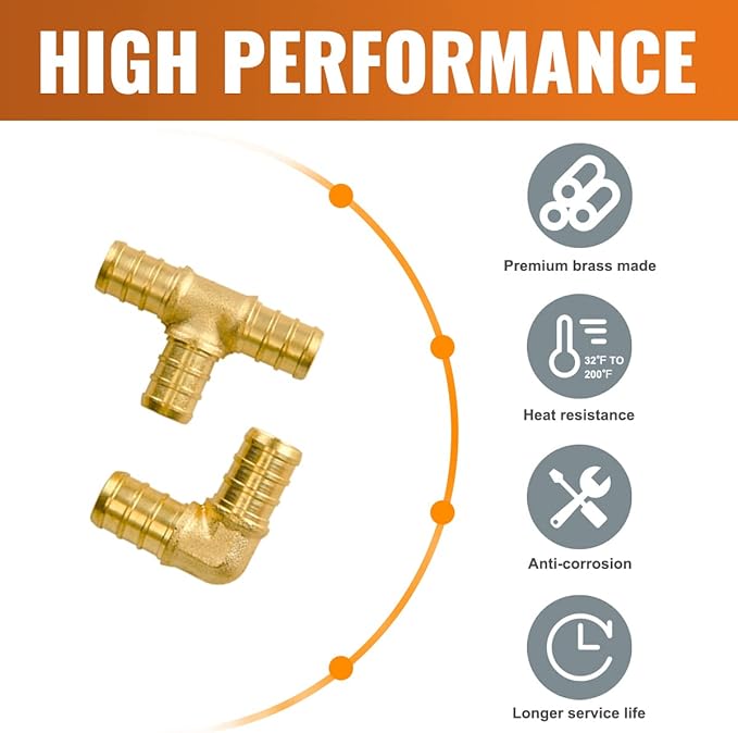 SUNGATOR 1/2 inch Pex Fittings, 50-Pack Brass Crimp Fittings, 90 Degree Elbow (25 PCS) + Tee (25 PCS) Kit, No Lead Pipe Connector