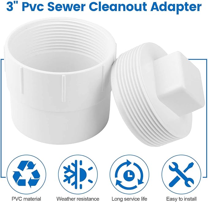 3" PVC Sewer Cleanout Adapter with Plug Pipe Fitting, PVC DWV Flush Sewer Cleanout Cap for Outdoor Garden, RVs Sewer or Drainage Piping Connect System