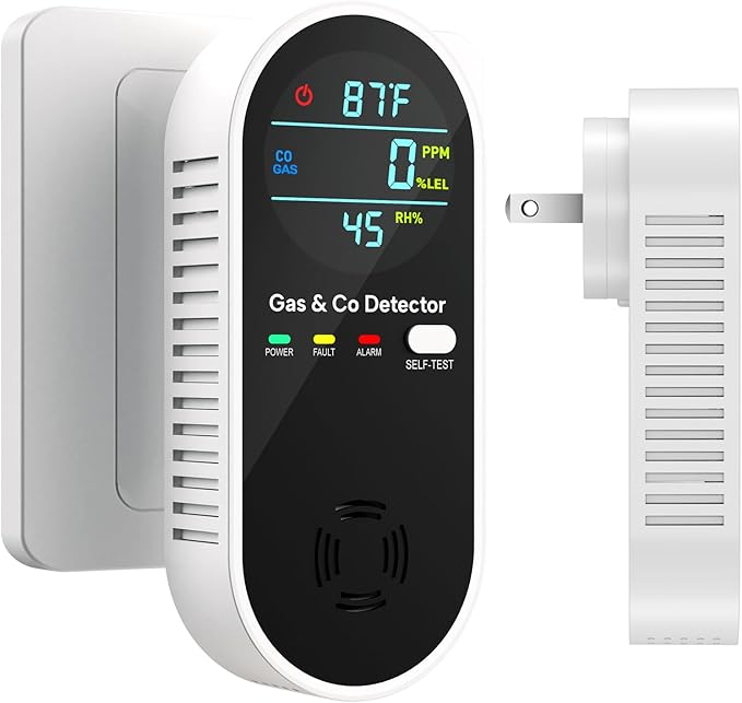 4 in 1 Upgraded Natural Gas Leak Detector and Carbon Monoxide Detectors, Dual Sensor Gas Leak Detector & Carbon Monoxide Detectors Plug in (Temperature & Humidity) for Home, RV (Black)