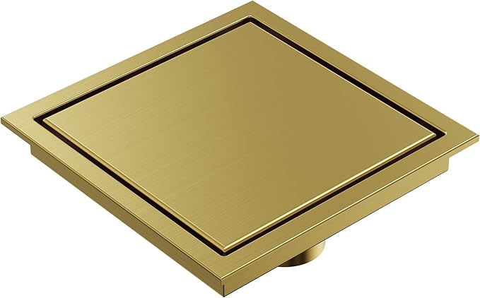6 Inch Square Shower Floor Drain, Brushed Gold SUS304 Stainless Steel Grid Grate with X-Shaped High Flow Channel, Anti-Clogging Hair Strainer, Standard 2" Outlet