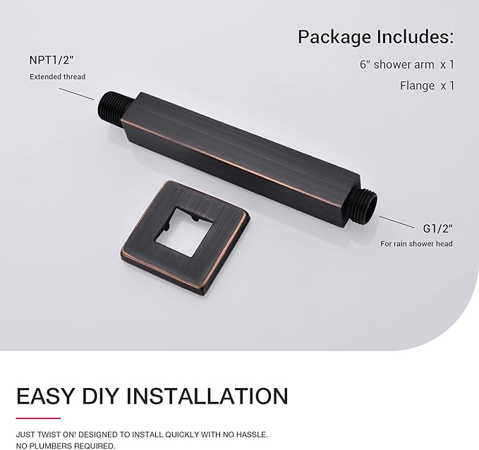 Brushed Bronze Shower Arm with Flange Ceiling Mounted 6 Inch Square Stainless Steel Extension for Overhead Rainfall Shower Head, Oil Rubbed Bronze