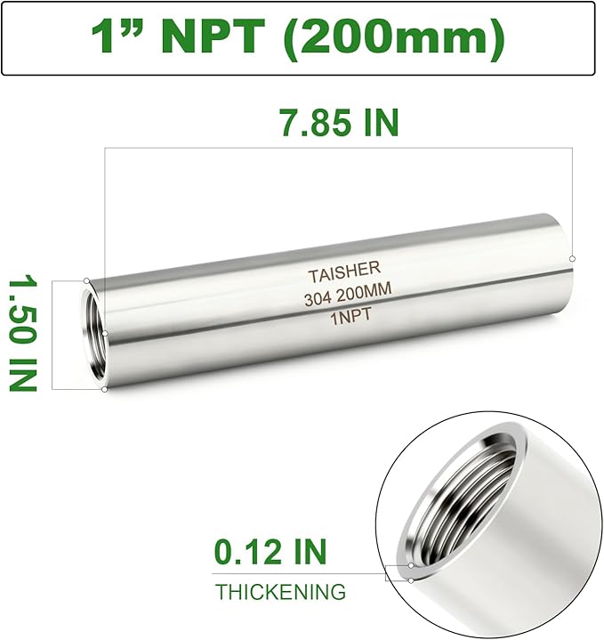 TAISHER 2PCS Stainless Steel Pipe Fittings, 1" NPT Female x 1" NPT Female Threaded, 8" Length Thickened Nipple Cast Pipe