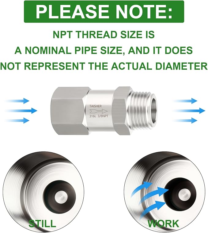 TAISHER 1PCS 316L Stainless Steel 3/8" NPT Male x 3/8" NPT Female Check Valve,Backflow Prevention,One Way Non-Return Check Valves