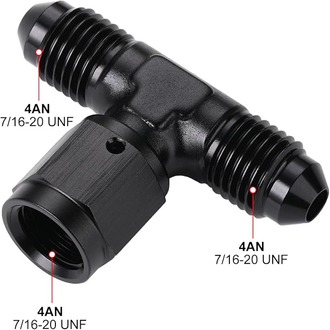 4AN Male Flare Tee T Fitting Adapter with AN4 Female Swivel On Side Aluminum Black