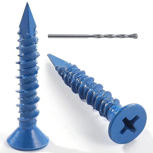3/16 x 1-1/4 Inch 125PCS Concrete Screws, Flat Head Screws Anchor with Drill Bit, for Masonry, Block, Brick, Cement, Stucco, Diamond Point