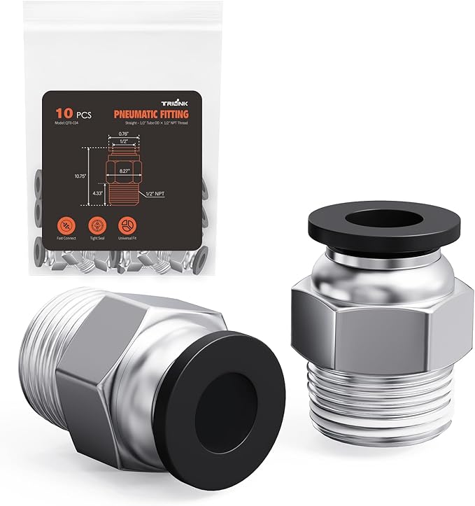 1/2"OD x 1/2"NPT Thread Push to Connect Fittings – Air Line Straight Connectors, Quick Connect Pneumatic Fittings, Push Lock Air Hose Fittings for Compressor, Air Tools & Tubing (10 PCS)