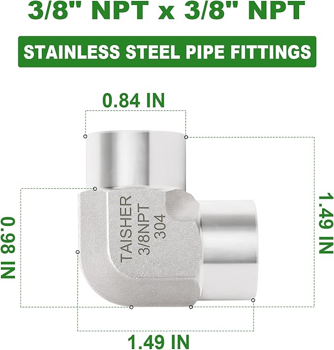 TAISHER 2PCS 304 Stainless Steel 90 Degree Barstock Street Elbow, 3/8 Inch NPT Female Pipe to 3/8 Inch NPT Female 304 Stainless Pipe Fitting