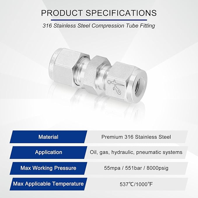 316 Stainless Steel Compression Tube Fitting 10mm OD x 10mm OD Straight Union Adapter Connector with Double Ferrules for Oil, Chemical, and Natural Gas Connections