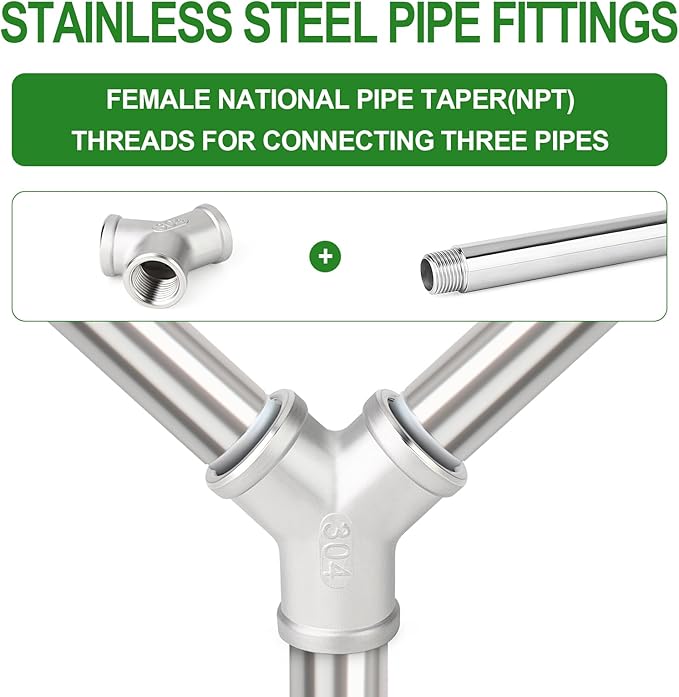 TAISHER 2PCS 304 Stainless Steel Y Shape 3 way Pipe Fittings, 1/2" x 1/2" x 1/2" NPT Female Pipe Fittings