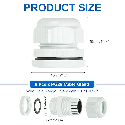 MECCANIXITY 8 Pcs PG29 Cable Gland, 18-25mm Wire Hole Strain Relief Joint for Cable Fixing, Wiring, Repairing, Gland Replacement, Electrical Appliances, White
