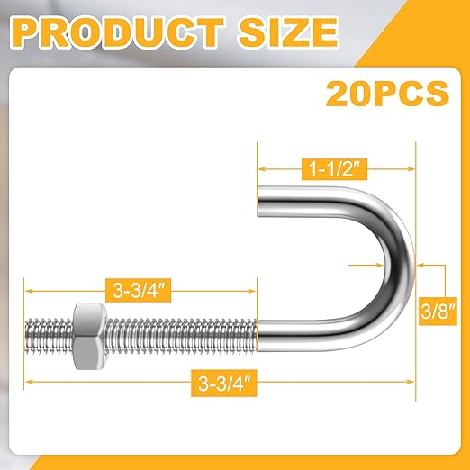 20 Pcs 3/8" x 3-3/4" J Bolt with Nut Galvanized Steel Eyebolts with Nuts Anchor Bolts Fastener Hardware for Concrete Pad Pouring Wood Projects Construction Dam Hanging Outdoor Installations