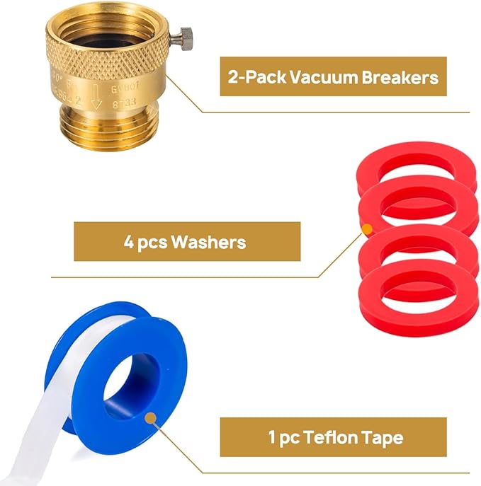 2-Pack Brass Vacuum Breaker Set 3/4" Anti-Siphon Hose Bib Valve for Garden Spigot RV Hose Connection Backflow Preventer Connector with Tape and Extra washers
