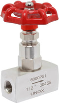 UNOX Stainless Steel 304 Needle Valve 1/2 inch (NPT) - 6000 PSI High Pressure - Straight Flow Control Valve for Water, Gas, and Oil - Heavy Duty Industrial Use