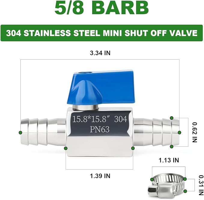 TAISHER 1PCS 304 Stainless Steel 5/8" Mini Ball Valve Shut Off Switch, 5/8" Hose Barb with 2PCS Hose Clamps