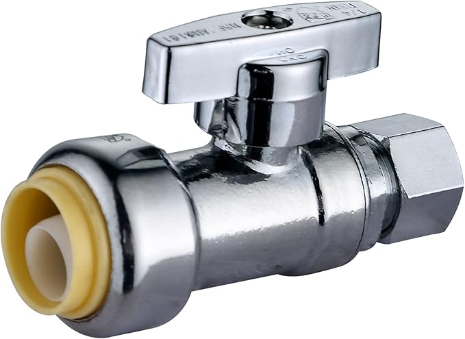 (10-Pack) Cyrret Push Fit Valve 1/2 inch Push × 3/8 Inch Compression No Lead Brass Straight Angle Stop Shut off Valve 1/4 Quarter Turn, Push-to-Connect PEX, Copper, CPVC (Disconnect Clip Included)